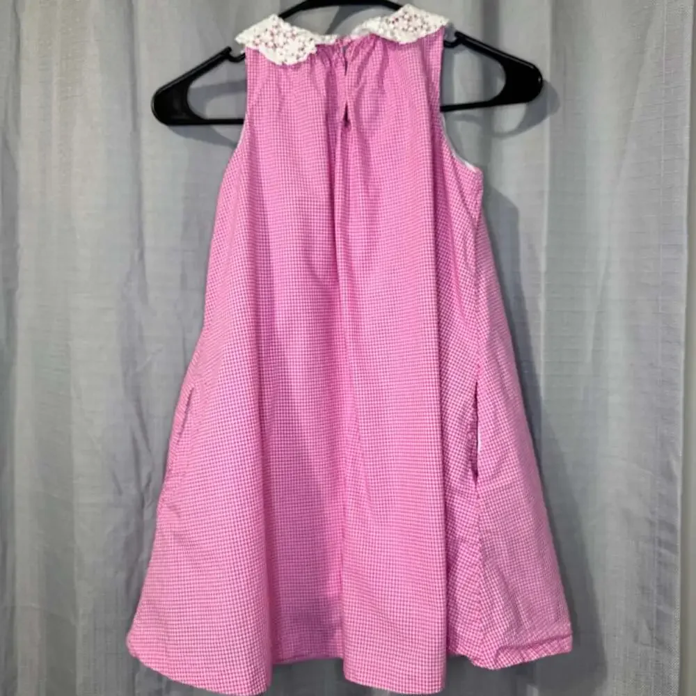 Polo Ralph Lauren Girls Pink Gingham Sleeveless Swing Dress with Lace Collar